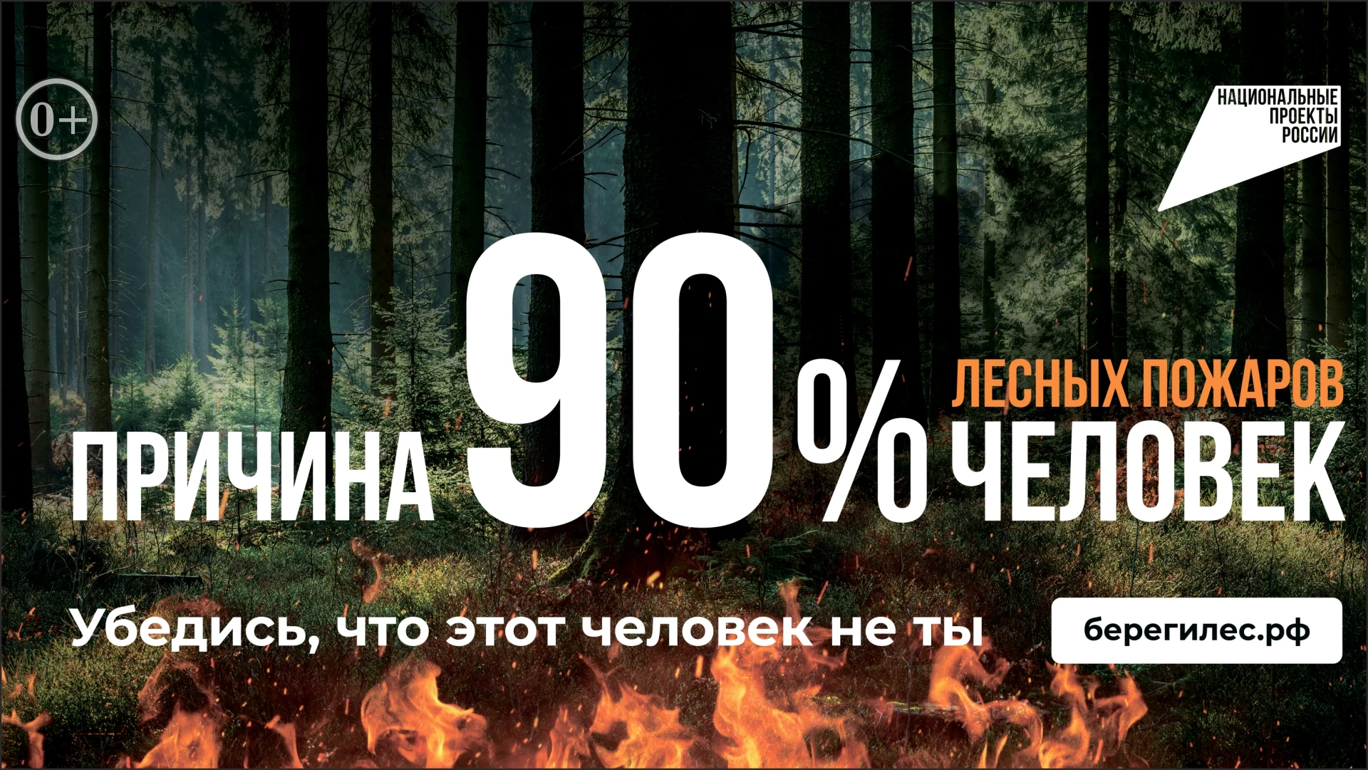 Останови огонь! Причина 90% лесных пожаров человек. Убедись, что этот человек не ты!